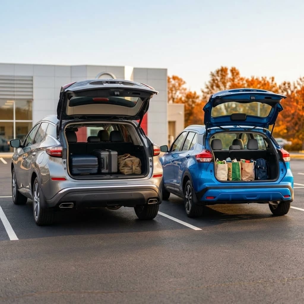 Realistic photograph of a 2026 Nissan Murano and a 2026 Nissan Kicks parked side by side in a clean, empty dealership lot, both rear liftgates open to show the cargo areas. The Murano, the larger midsize crossover, has its rear seats folded flat with two suitcases and a duffel bag inside. The Kicks,