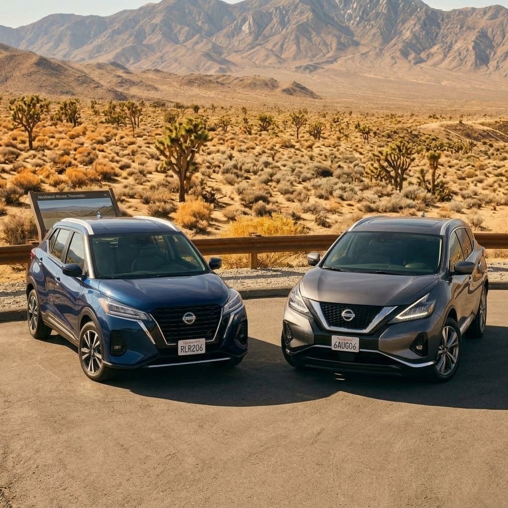A side-by-side hero shot of a modern 2026 Nissan Kicks subcompact crossover in a rich dynamic hue and a sophisticated 2026 Nissan Murano midsize crossover in metallic grey, parked side-by-side at a scenic high desert paved pullout near Hesperia, California. Sun-drenched desert valley setting with ar