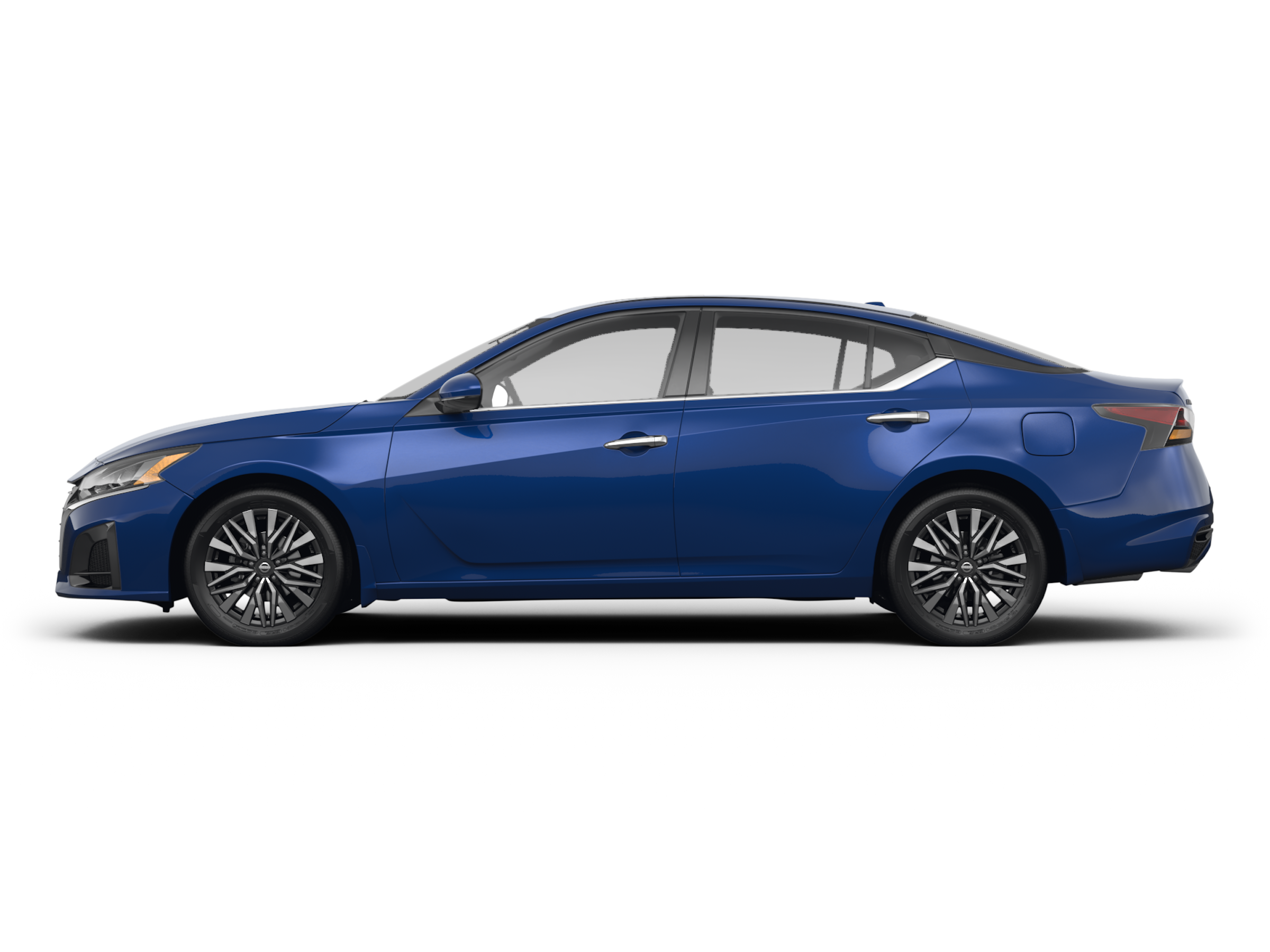 A sleek dark blue Nissan Altima driving through a suburban neighborhood.