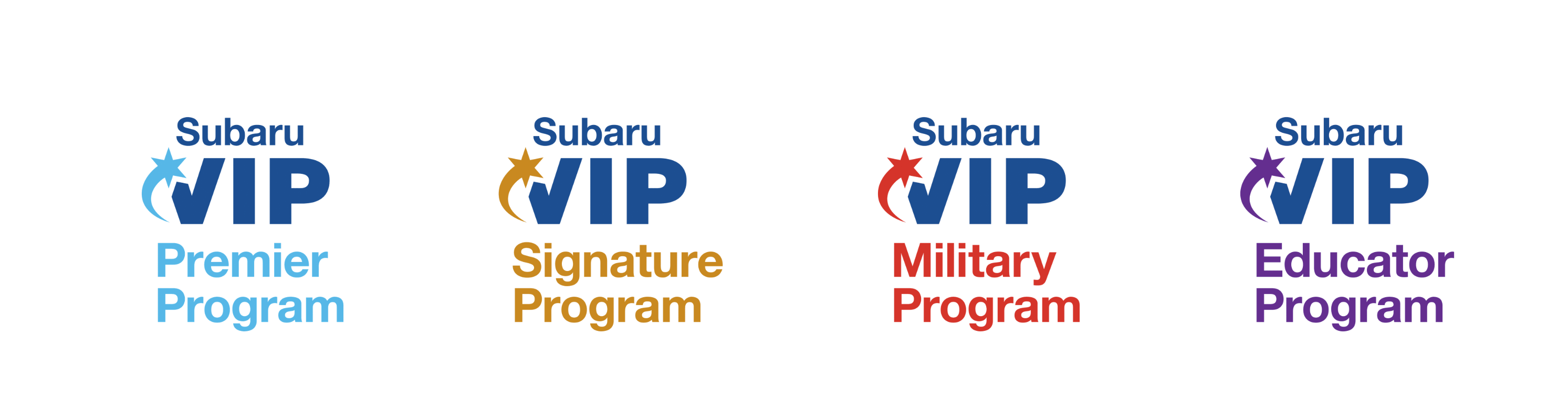 Four Subaru VIP Program logos side-by-side: Premier (blue), Signature (gold), Military (red), and Educator (purple).