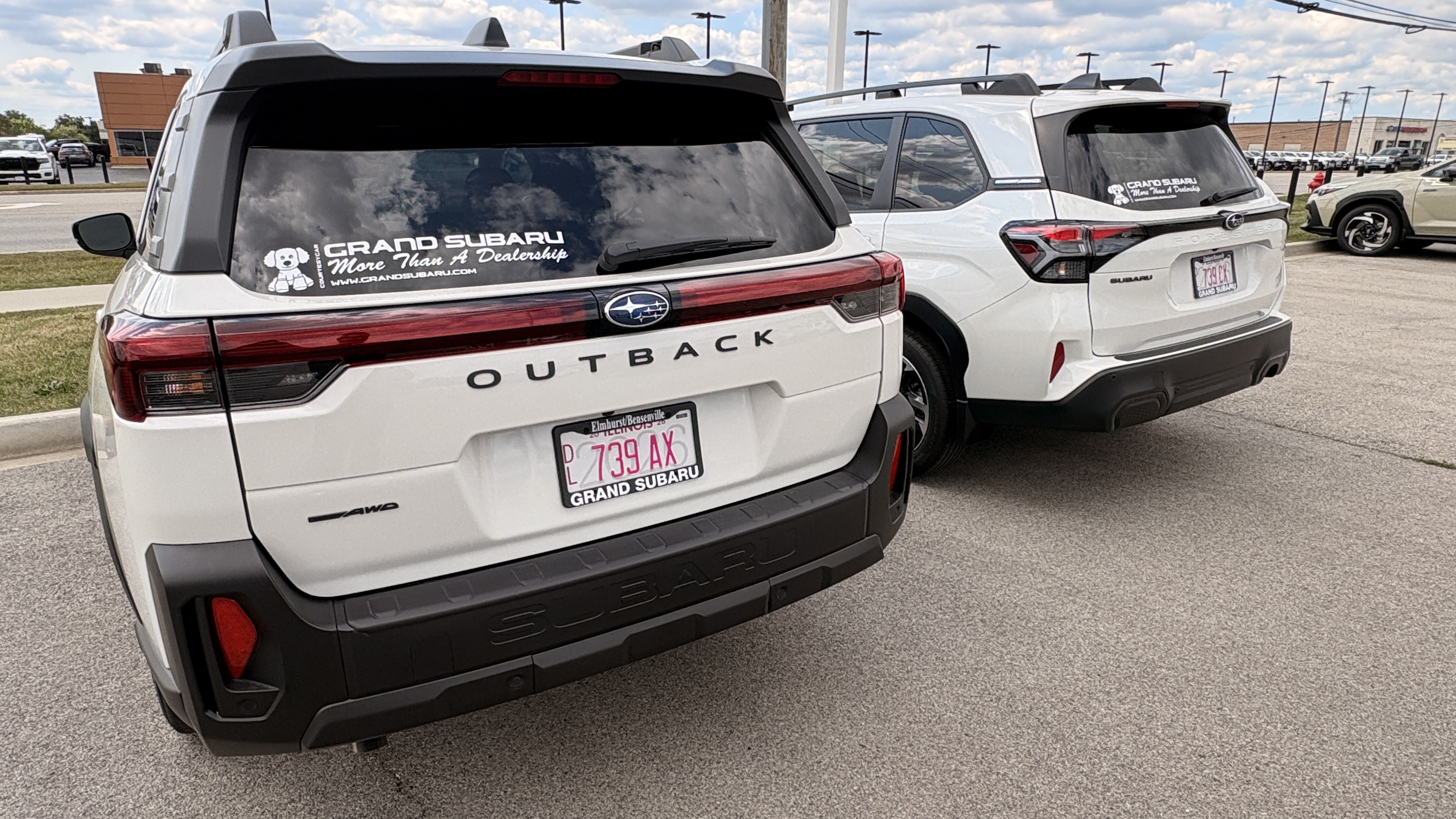 Rear view of two white Subaru SUVs, an Outback and a Forester, parked in a dealership lot with Grand Subaru stickers.