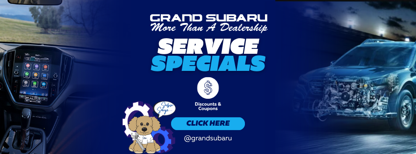 Grand Subaru Service Specials banner featuring vehicle interiors, engine graphics, discounts, and a mascot dog.