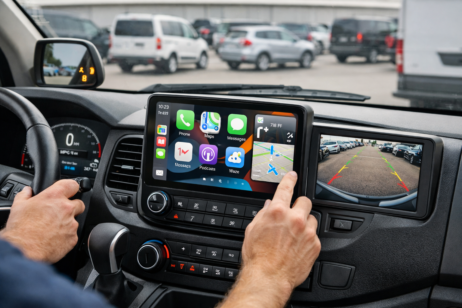 Modern dashboard of a used cargo van featuring a large touchscreen and safety controls