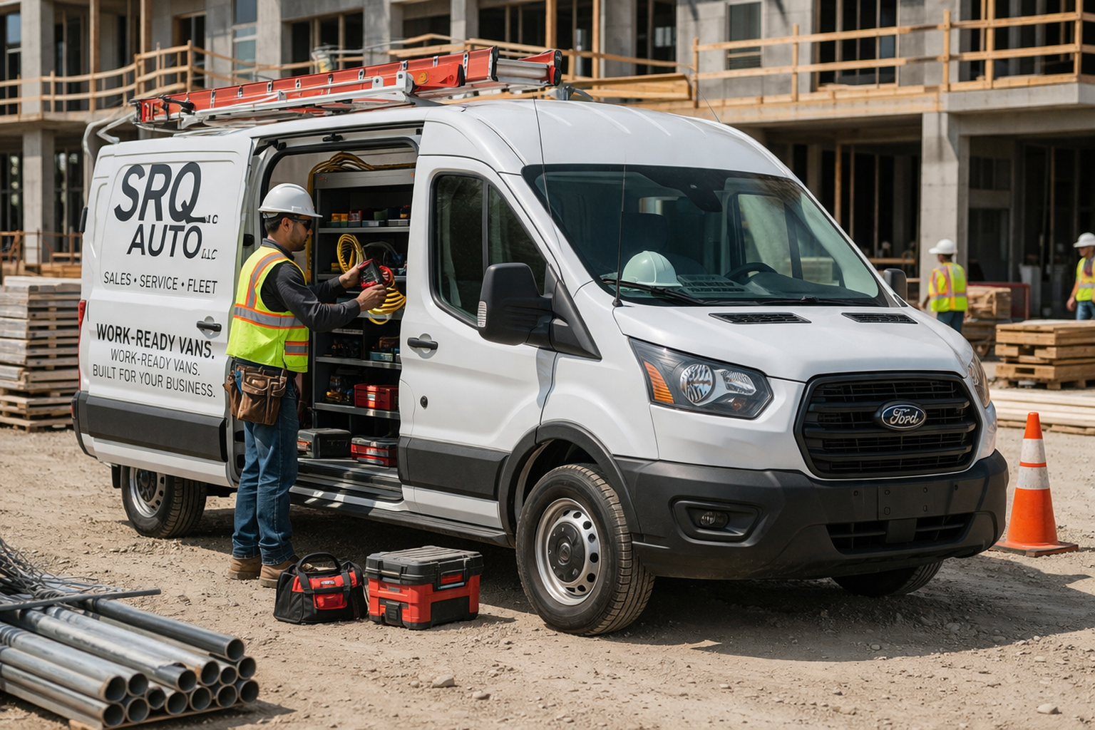 A professional cargo van with a roof-mounted ladder rack parked outside a modern Florida home