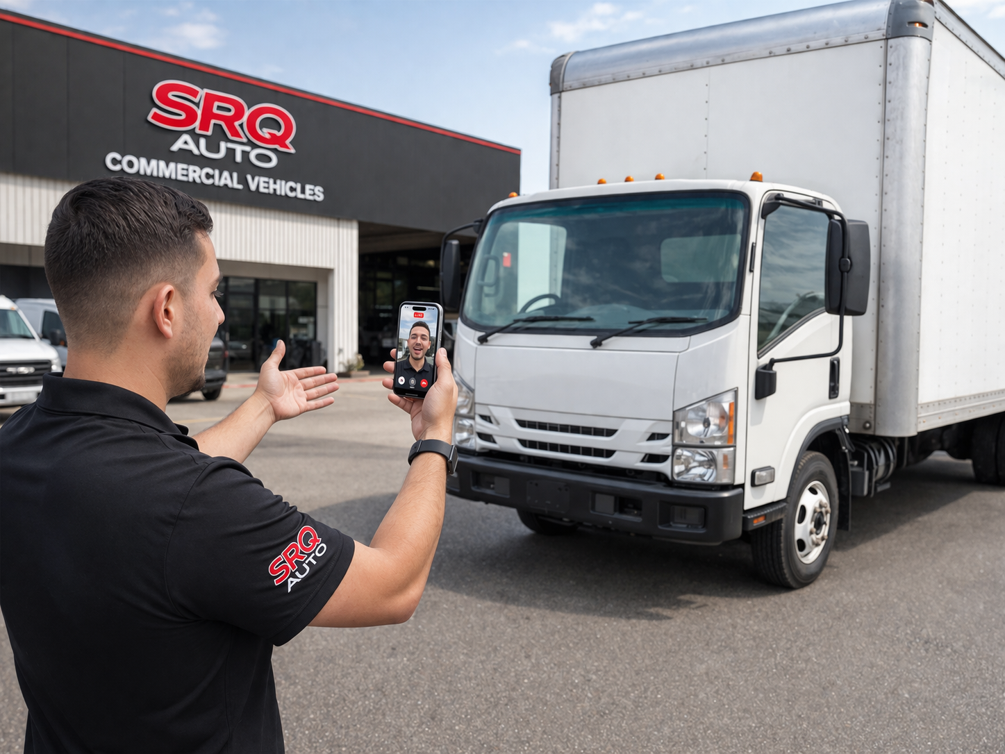 A salesperson performing a live video walk-around of a box truck for a remote buyer