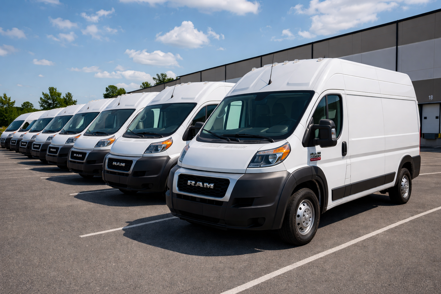 A fleet of RAM ProMaster cargo vans lined up at a commercial dealership