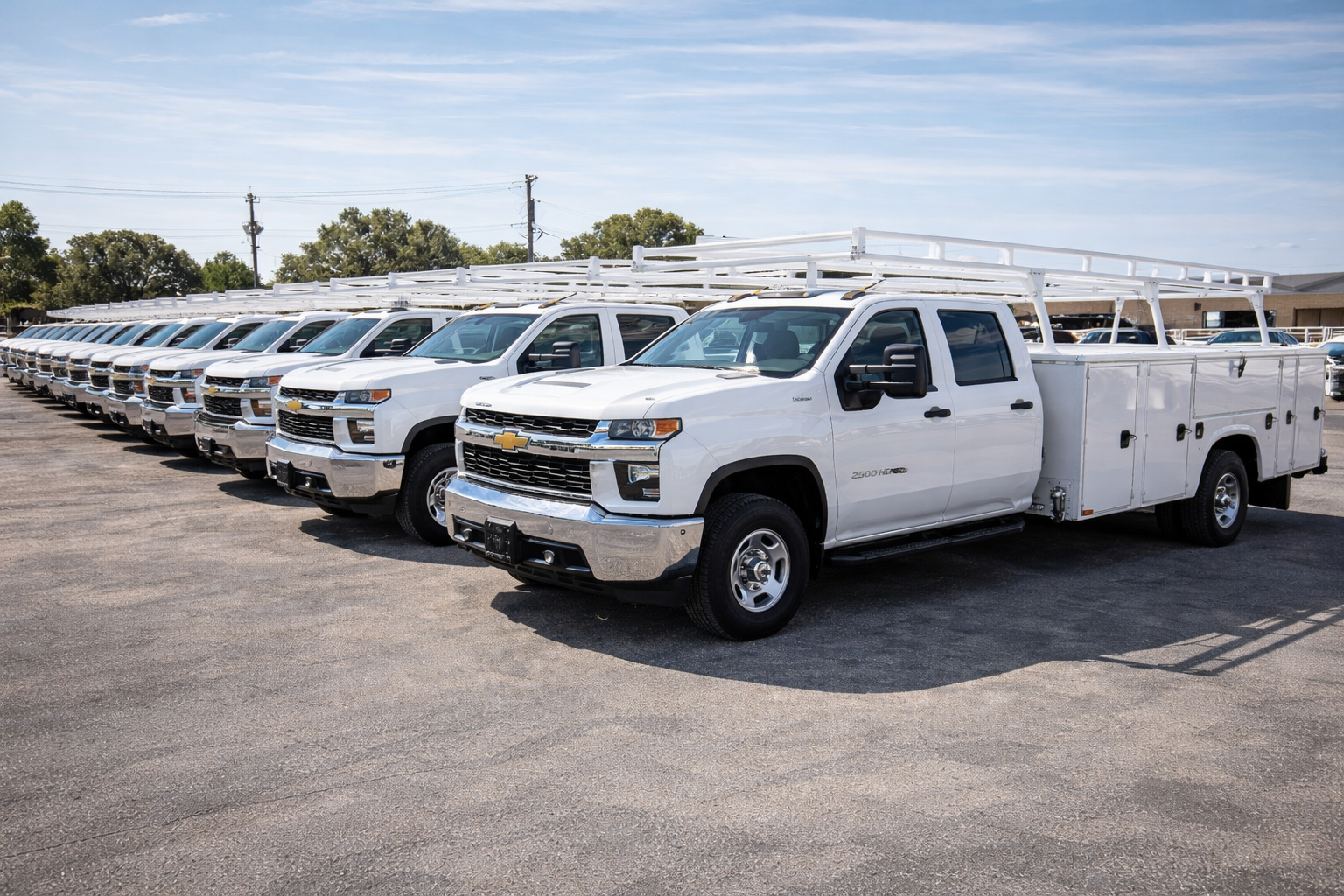A line of job-ready commercial service trucks and vans ready for immediate deployment at a dealership lot.