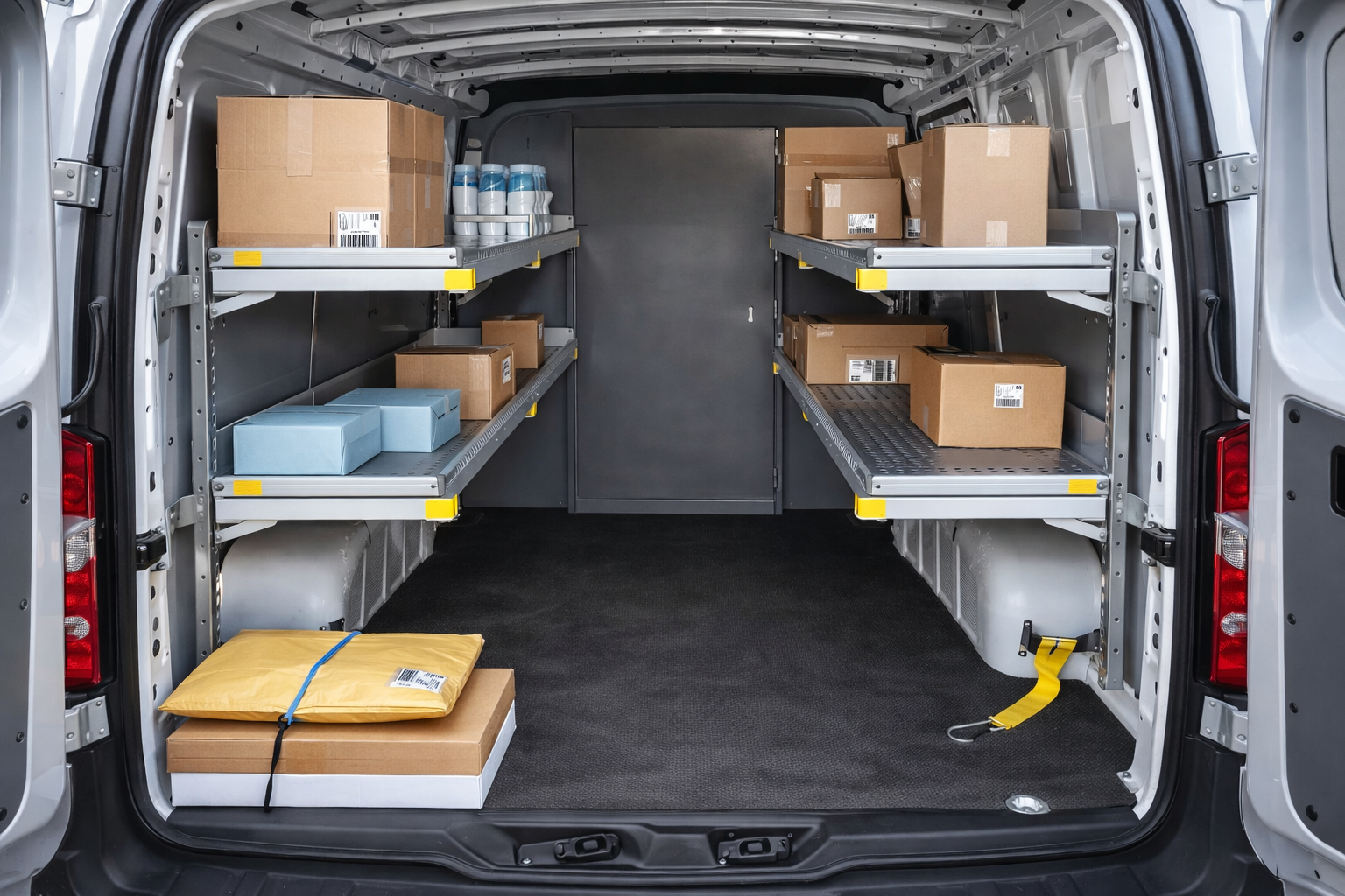 Van interior with folding shelves and a bulk-head partition for high-volume package delivery.