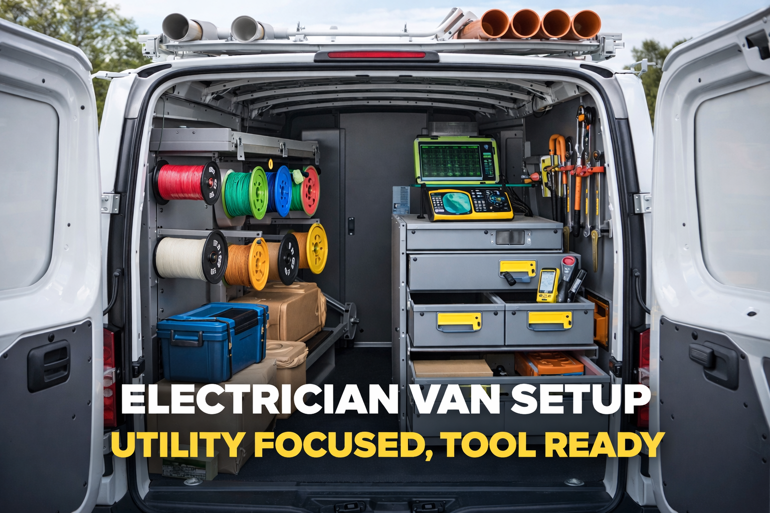 Cargo van interior with wire spool holders and locked drawers for expensive power tools.