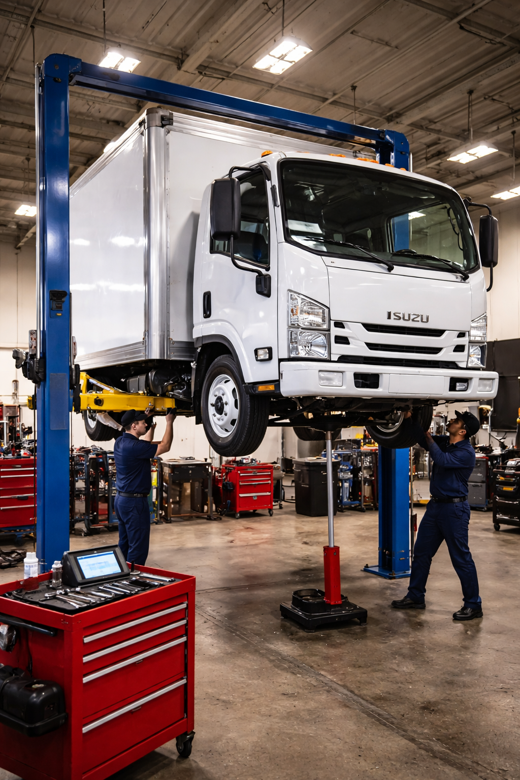 Technician performing a multi-point inspection on an Isuzu NPR