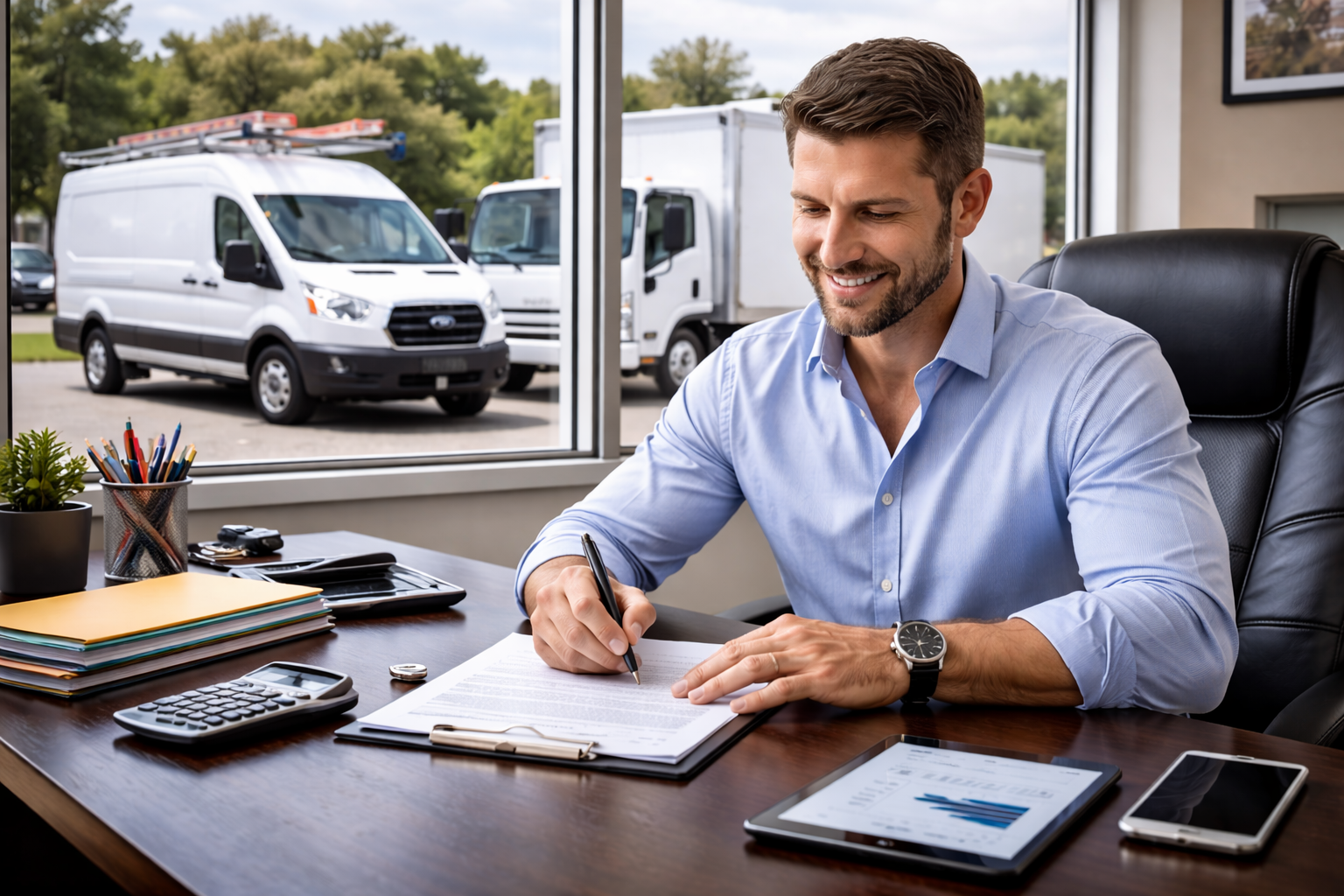 A business owner reviewing financial documents next to a commercial van