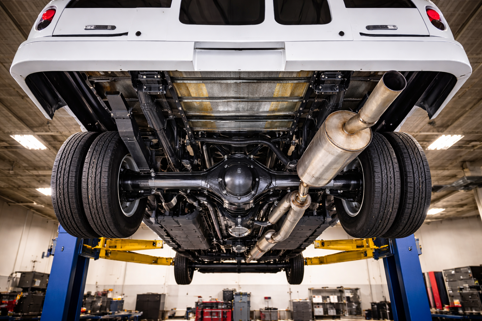 Undercarriage inspection showing clean frame rails.