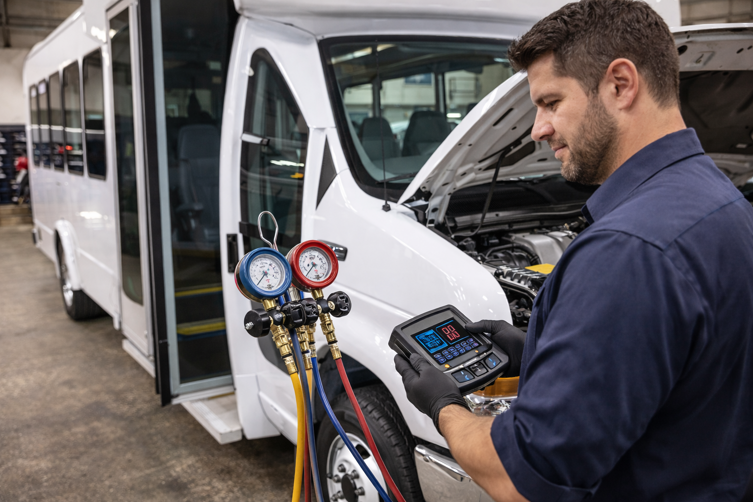 Close up of a high-capacity commercial AC unit on a shuttle bus.