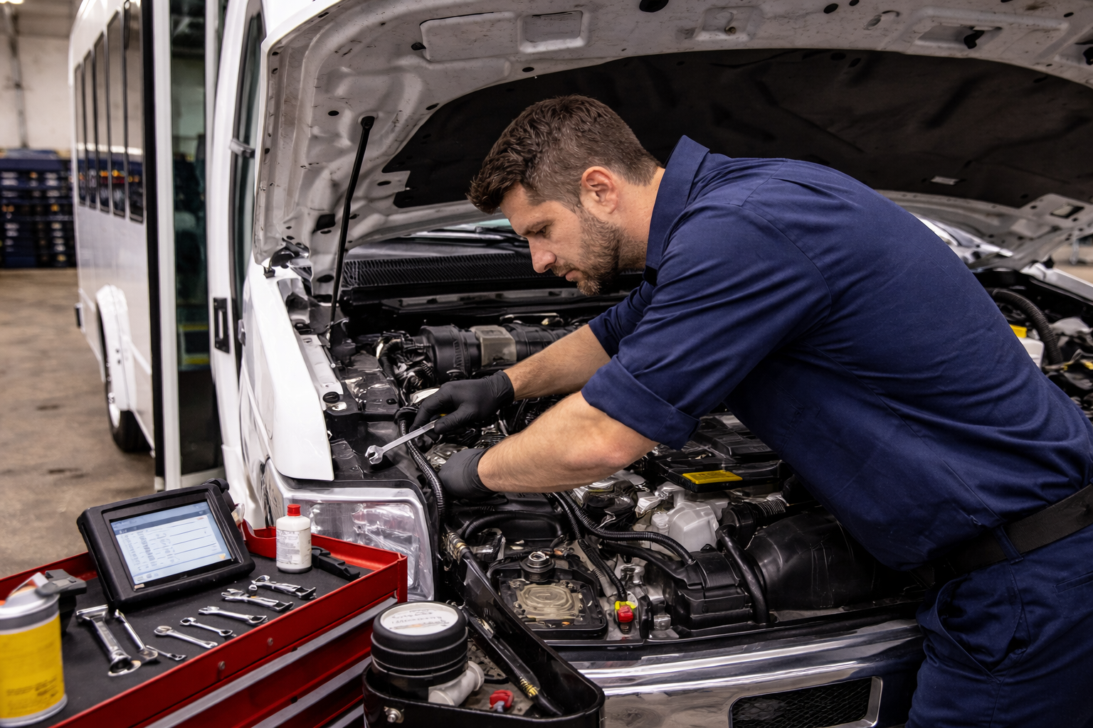 Engine bay of a Ford V10 shuttle chassis.