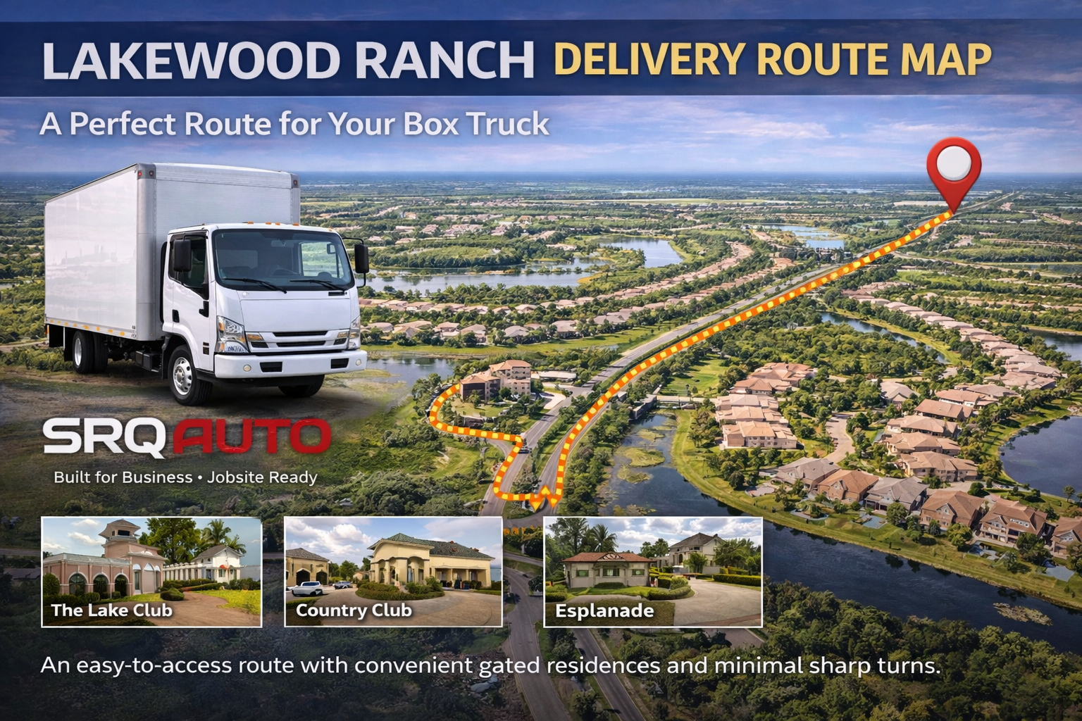 A professional delivery team unloading furniture in a modern Lakewood Ranch neighborhood using a large box truck.