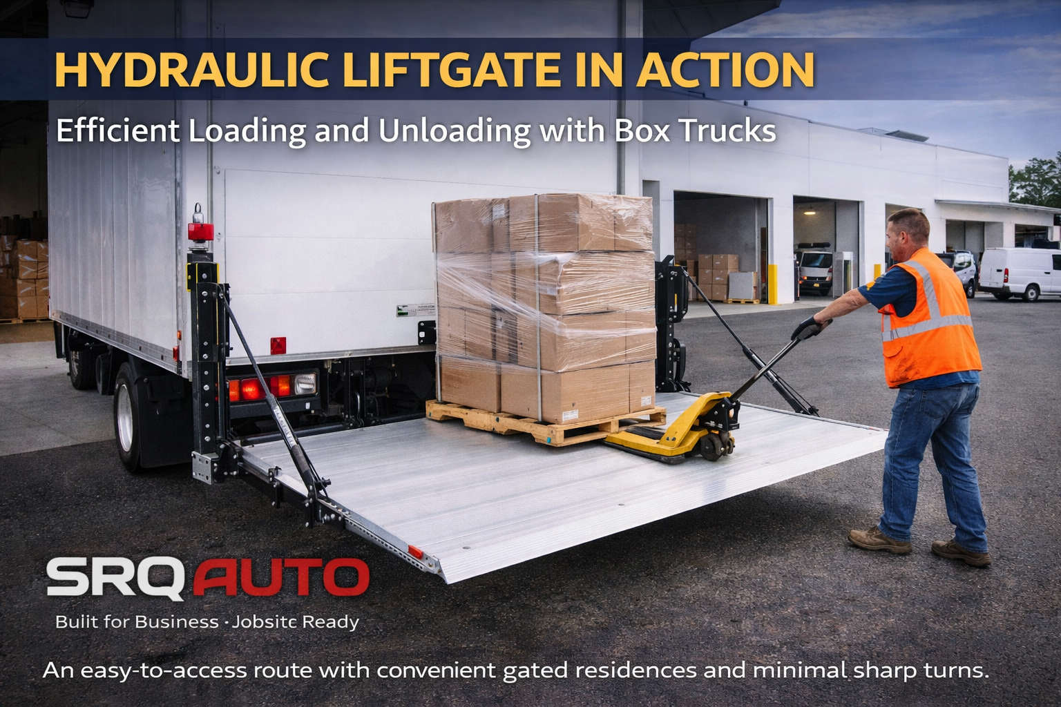 A close-up of a hydraulic liftgate lowering a heavy refrigerator to the ground safely.
