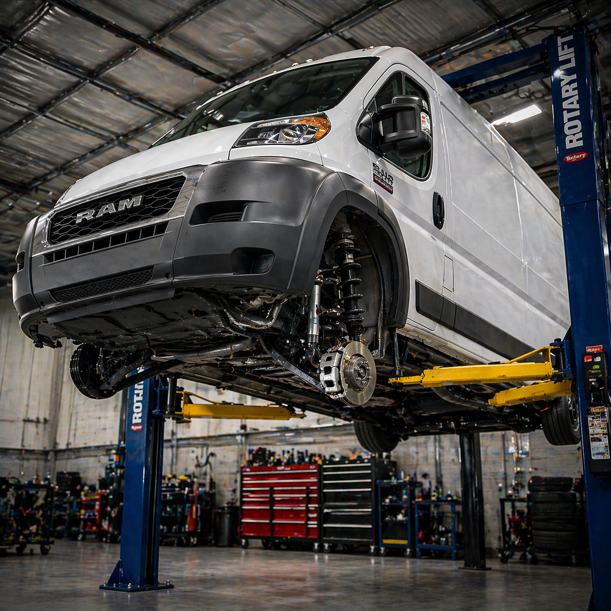 Close up of heavy-duty leaf springs and suspension components on a work van.