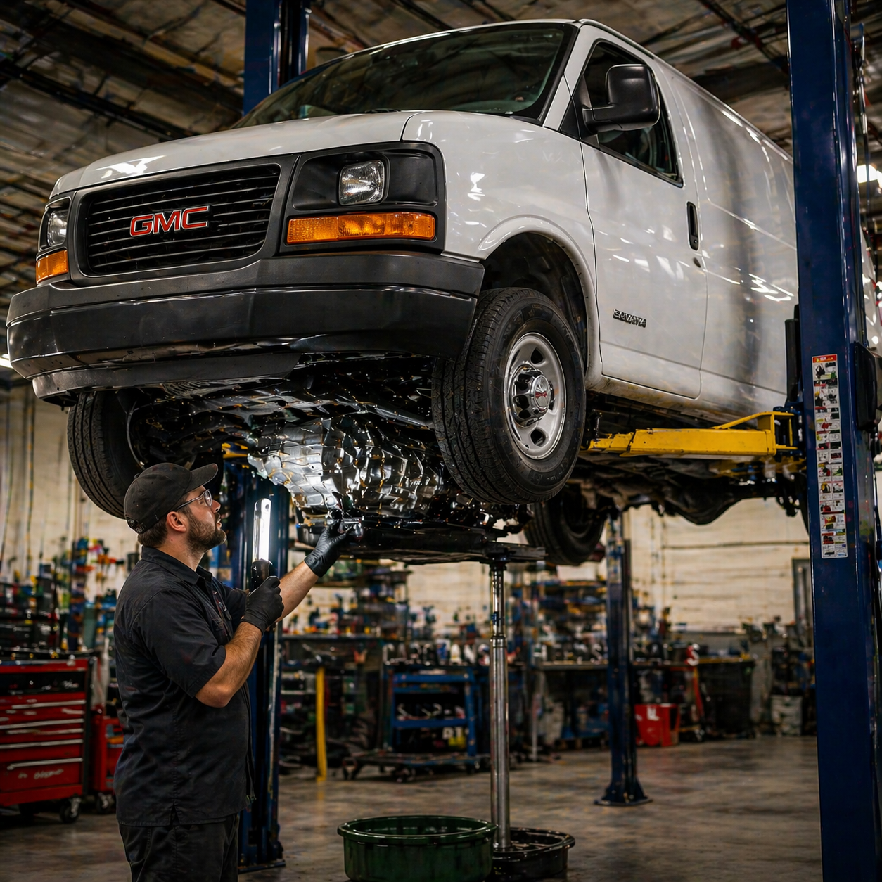 A technician inspecting the transmission fluid and underside of a commercial van.