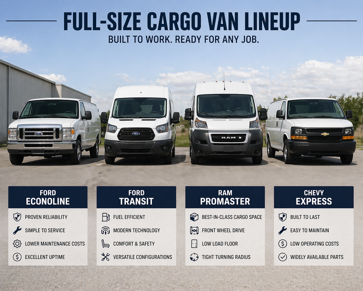 A professional lineup of modern work vans including Ford Transit and RAM ProMaster parked at a job site in Bradenton.