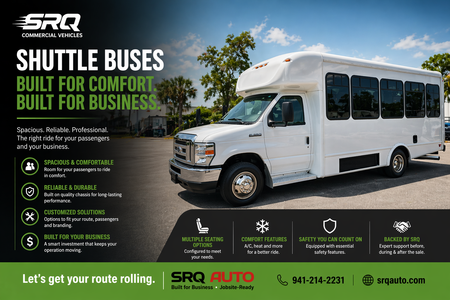 A line of high-quality white pre-owned shuttle buses parked at SRQ Auto LLC in Bradenton, Florida
