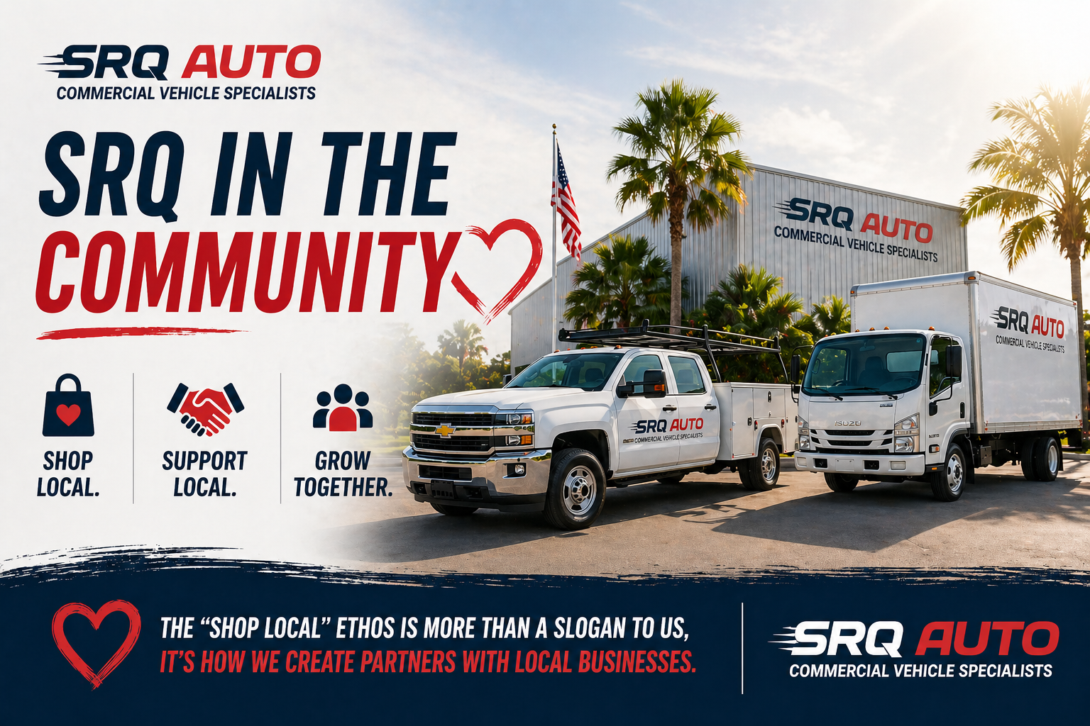 A scenic view of Bradenton's business district with various commercial vehicles parked and active, symbolizing a thriving local economy.