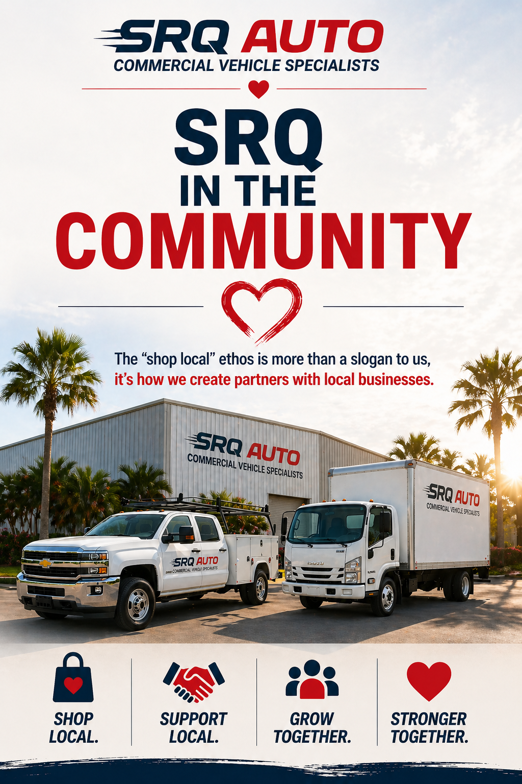 A photo representing SRQ Auto's partnership with local Bradenton businesses, showing a branded work truck at a local site.