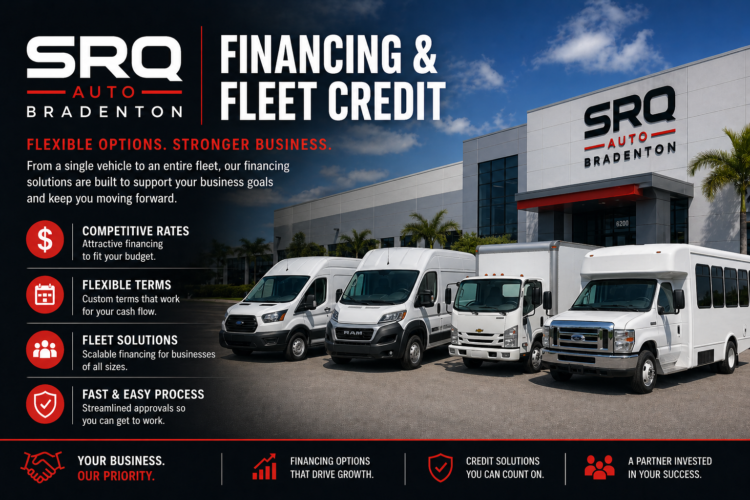 Advertisement for SRQ Auto Bradenton financing and fleet credit showing several commercial vehicles in front of a building.