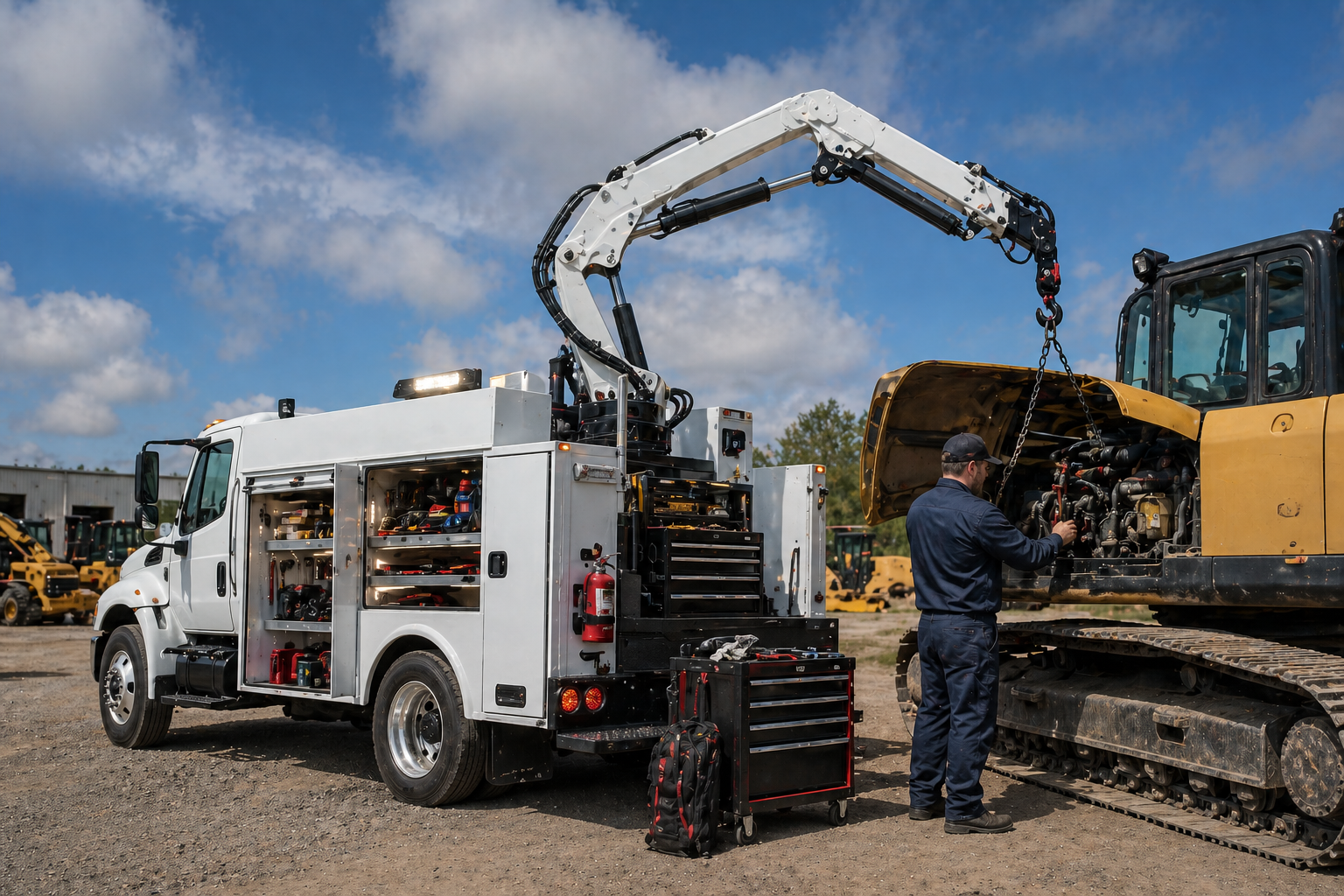 A heavy-duty service truck with integrated crane and tool storage