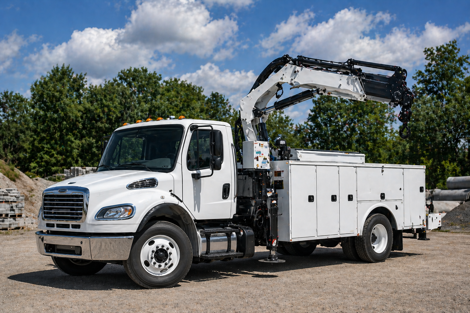 A utility truck with an articulating or knuckle boom crane for flexible movement