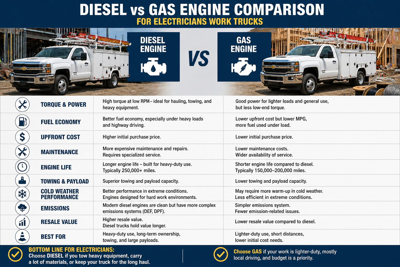 A split view showing a modern V8 gasoline engine and a heavy-duty turbo diesel engine side-by-side.