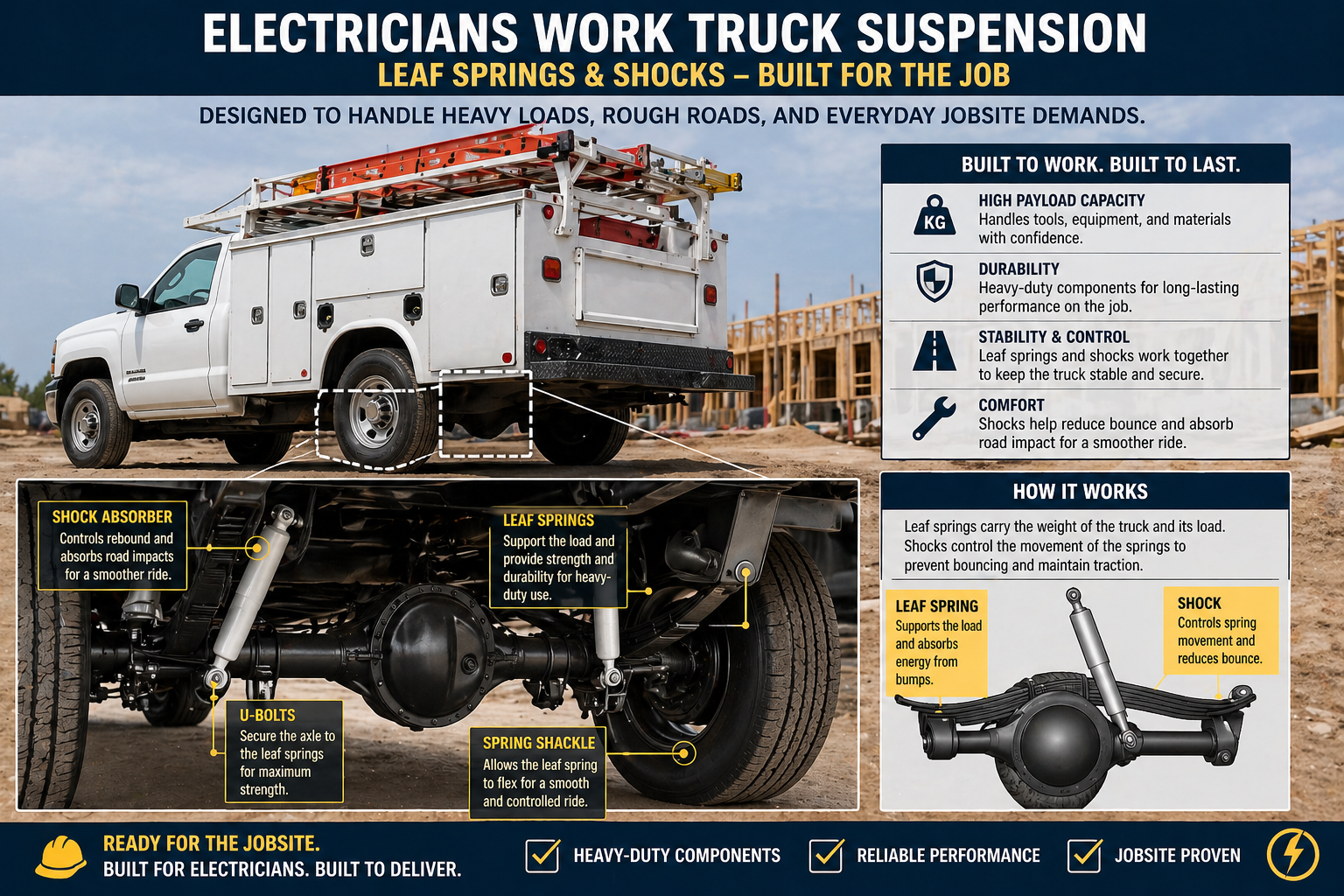 Detailed view of heavy duty leaf springs and suspension components on a commercial truck.