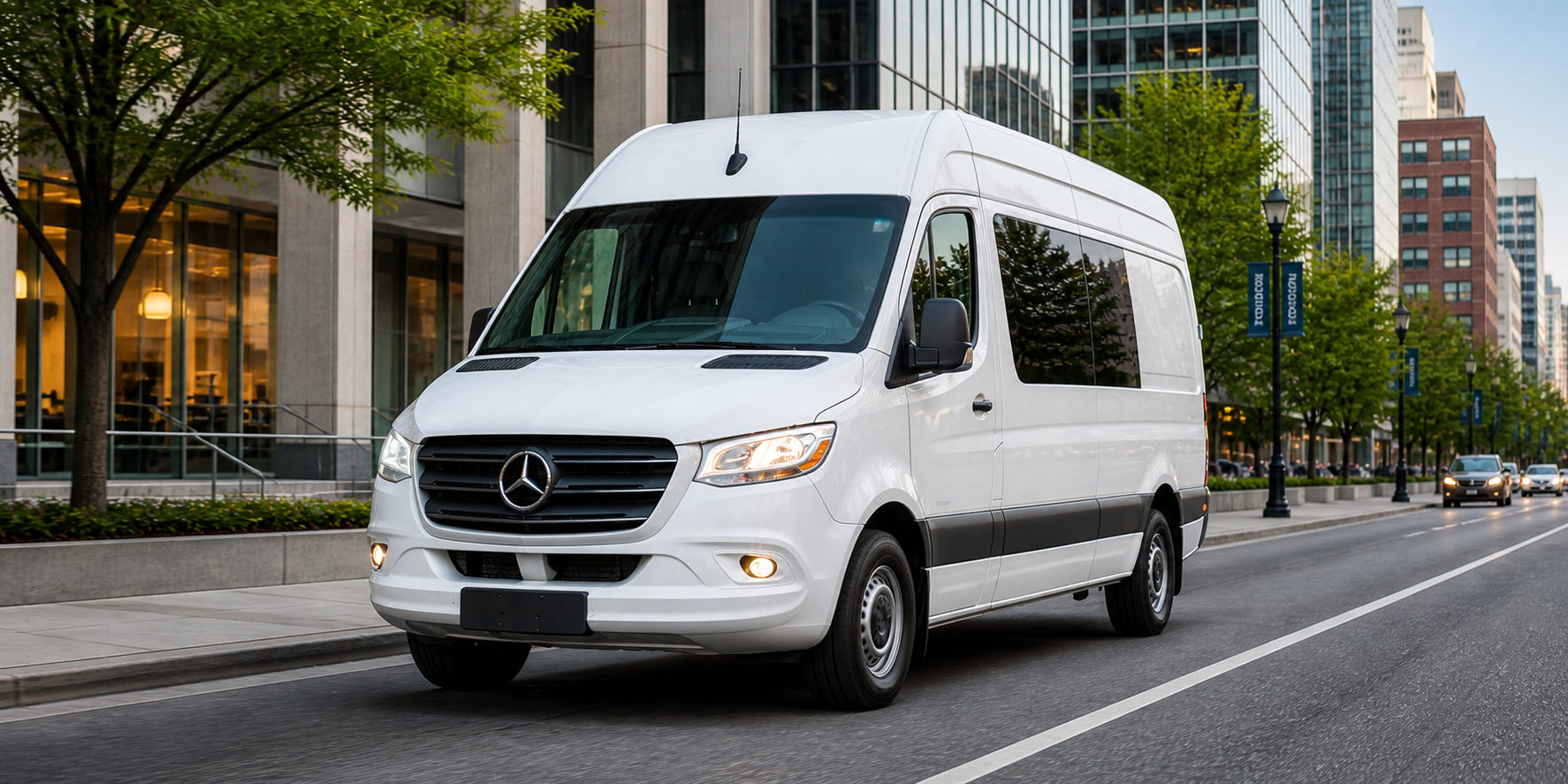 A high-roof Mercedes-Benz Sprinter diesel van.