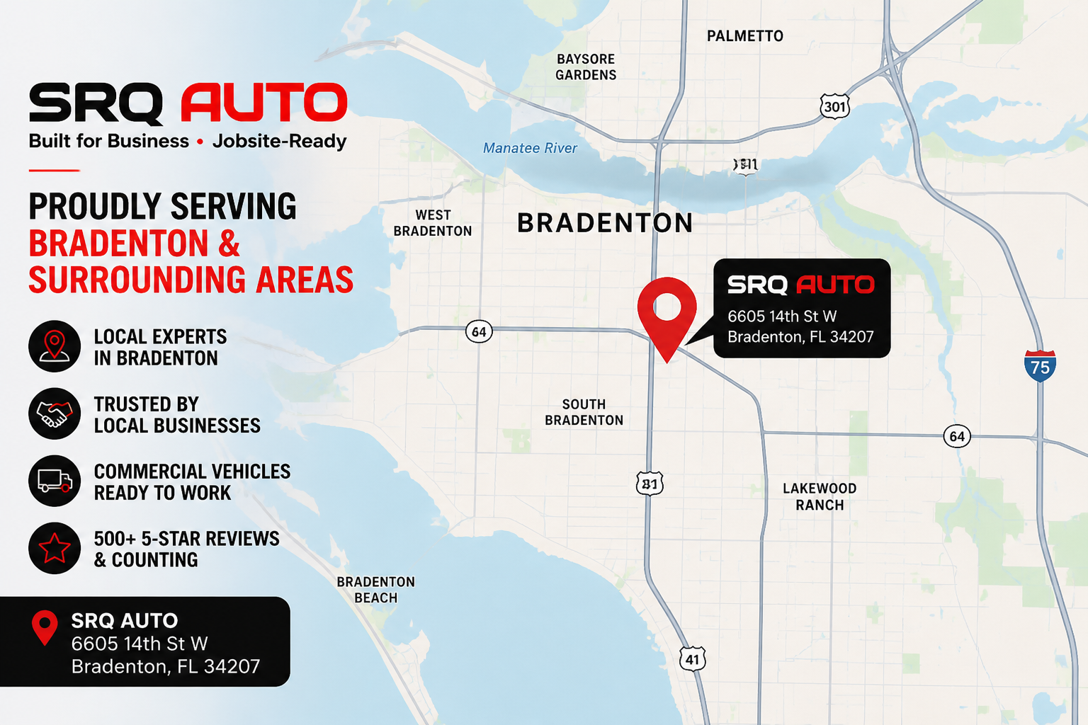 Map showing SRQ Auto LLC location in Bradenton, FL