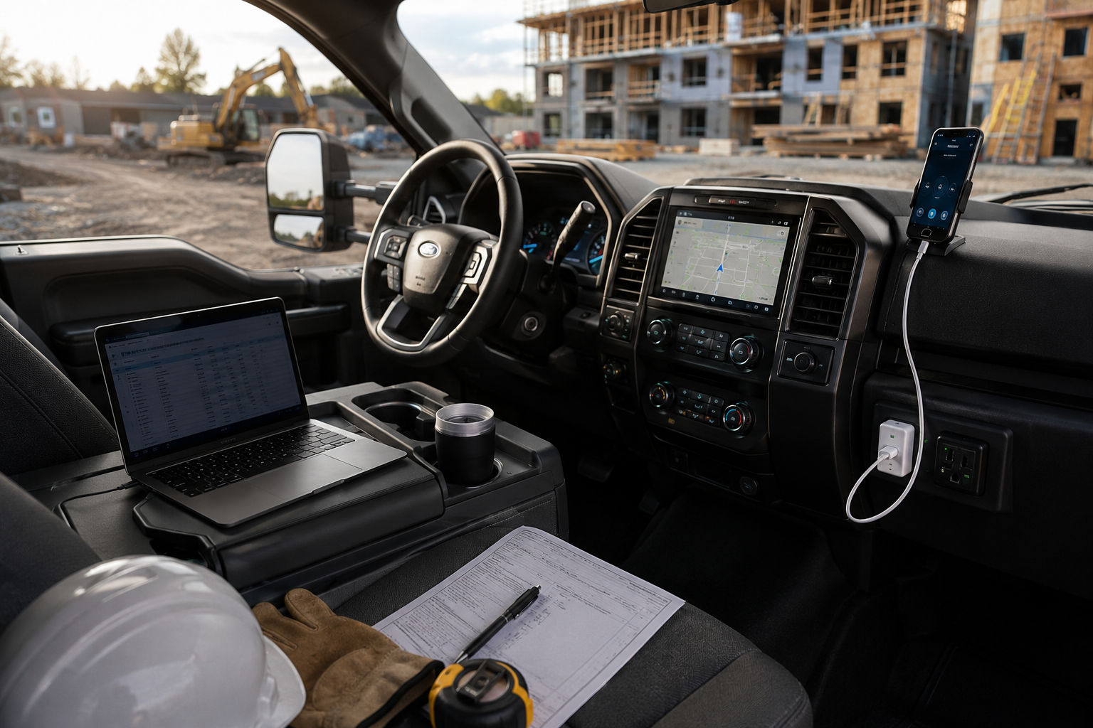 Modern truck interior with connectivity features.