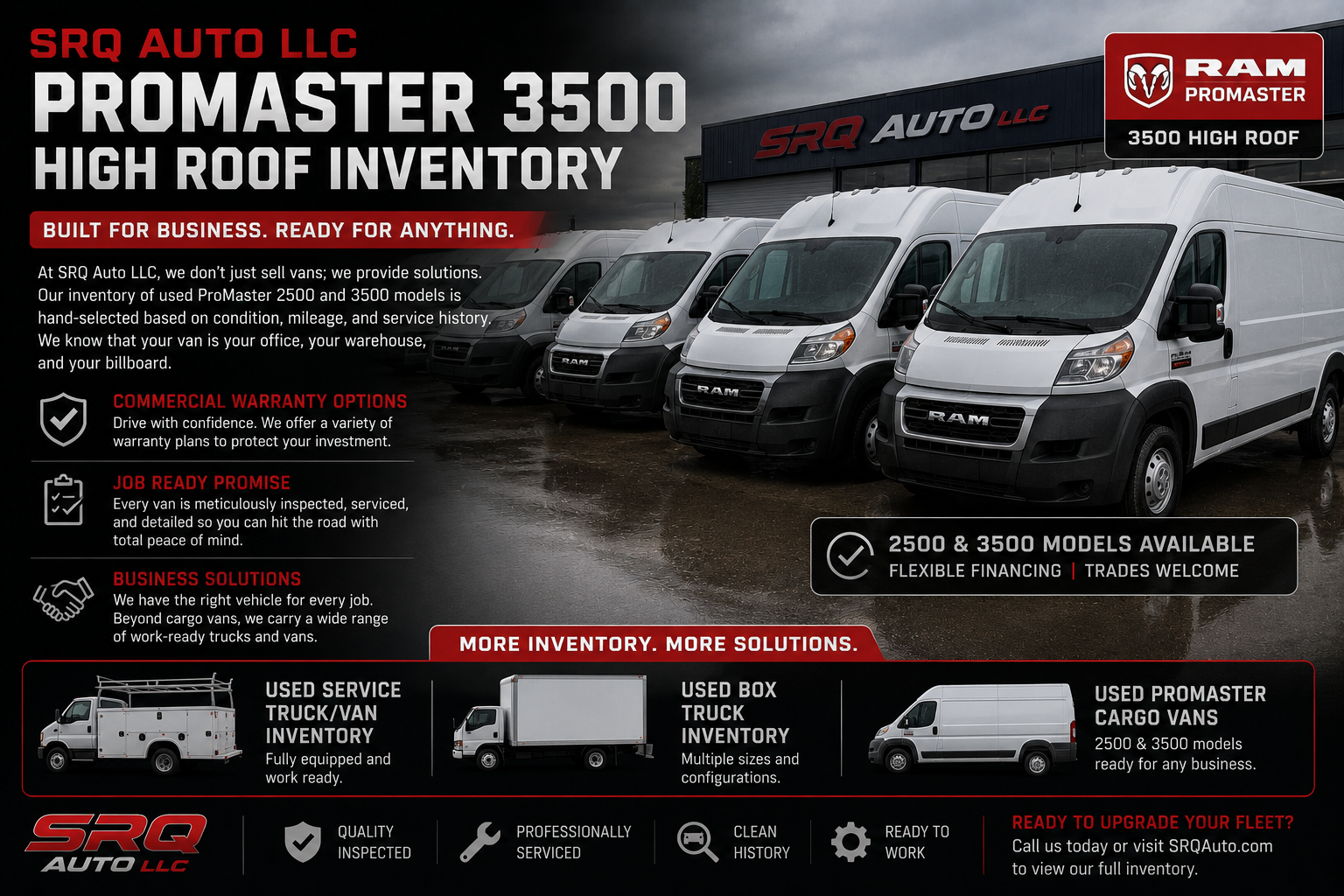 Multiple RAM ProMaster vans parked at SRQ Auto LLC