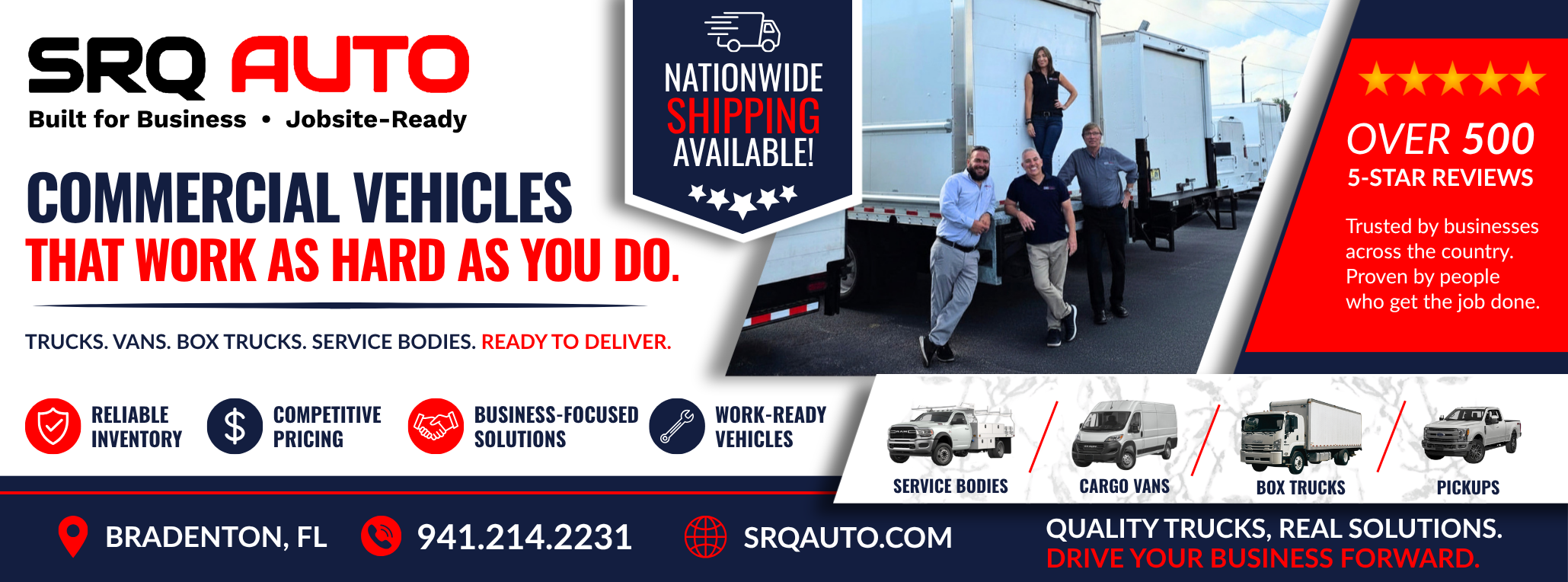Advertisement for SRQ Auto commercial vehicles featuring box trucks, cargo vans, and pickup trucks.