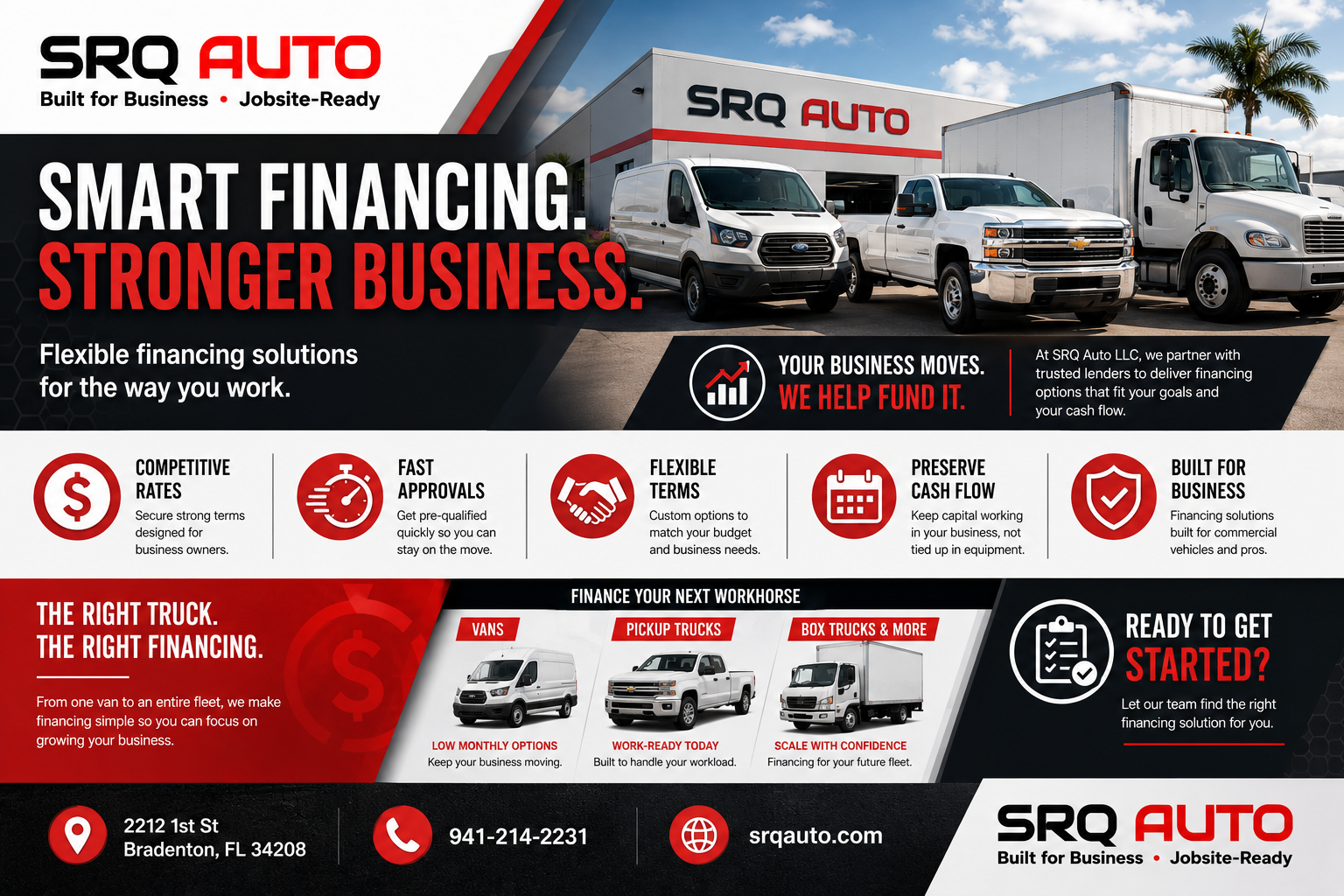 SRQ Auto commercial vehicle financing flyer featuring vans, pickup trucks, and box trucks.