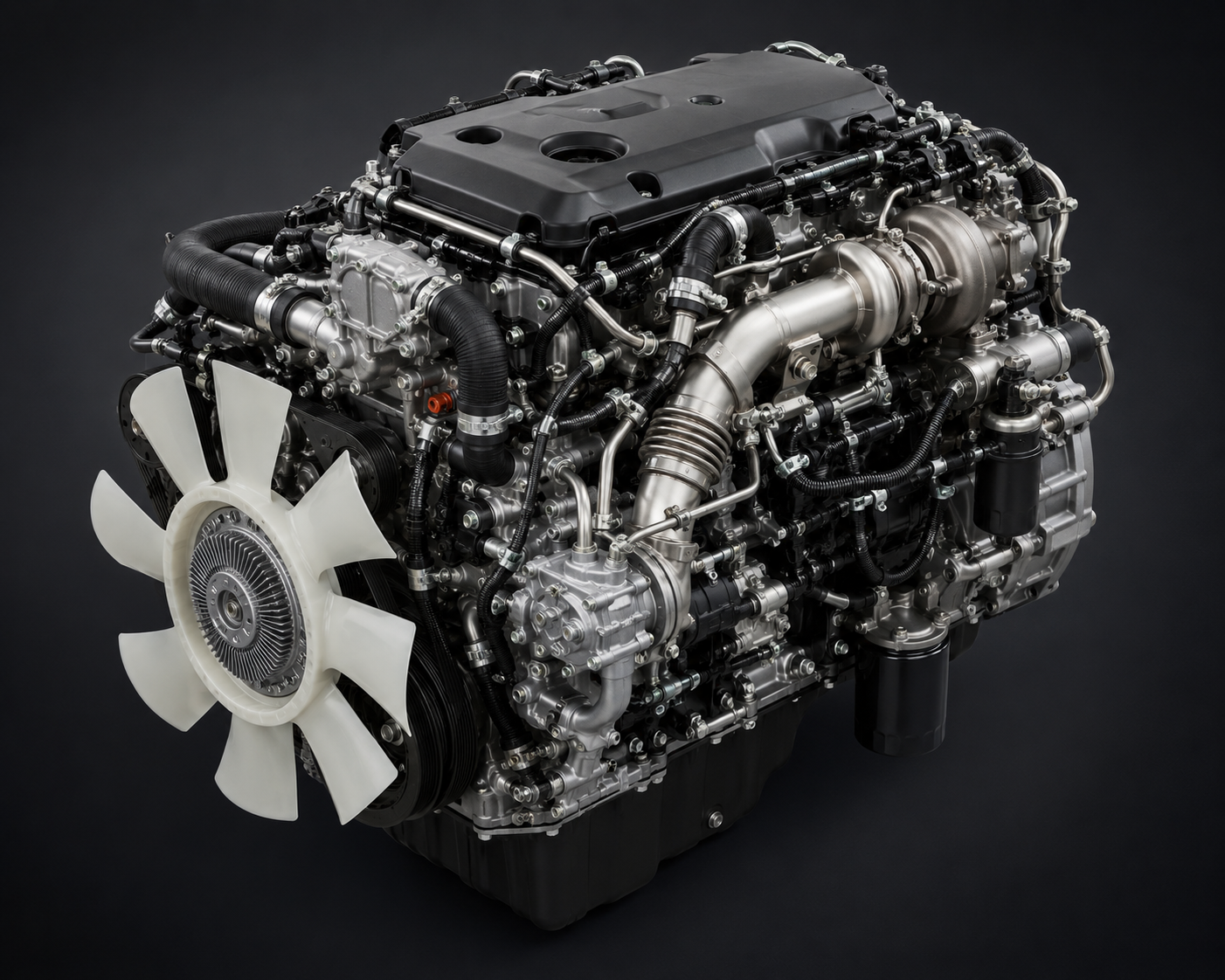 A high-tech modern turbo diesel engine with a large cooling fan and intricate piping on a dark background.
