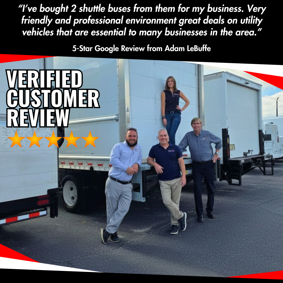 Four commercial vehicle staff members pose in front of white box trucks with a five-star customer review overlay.