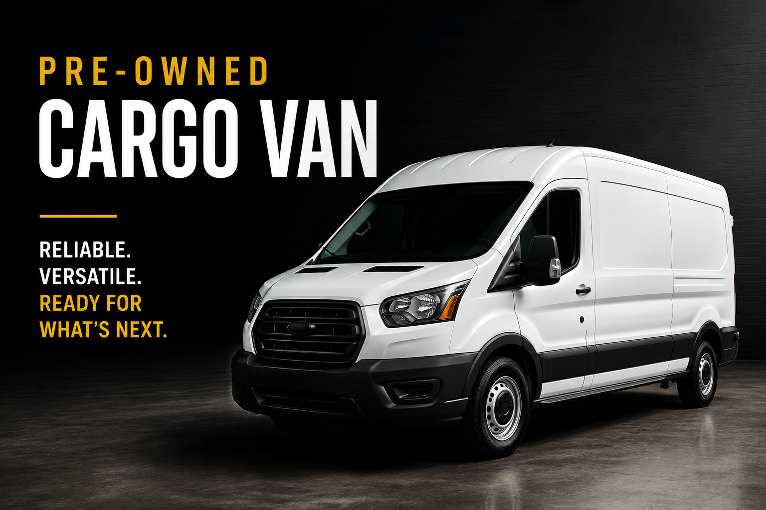 A white pre-owned Ford Transit cargo van parked in a studio with advertising text on a black background.