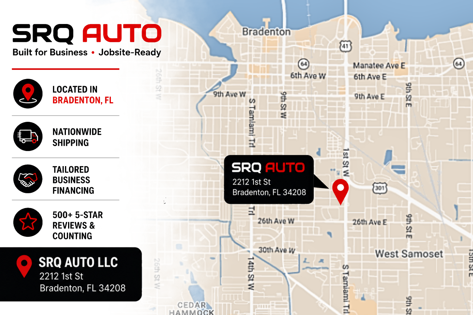 Map and promotional graphic for SRQ Auto LLC in Bradenton, FL, highlighting location, shipping, and financing.