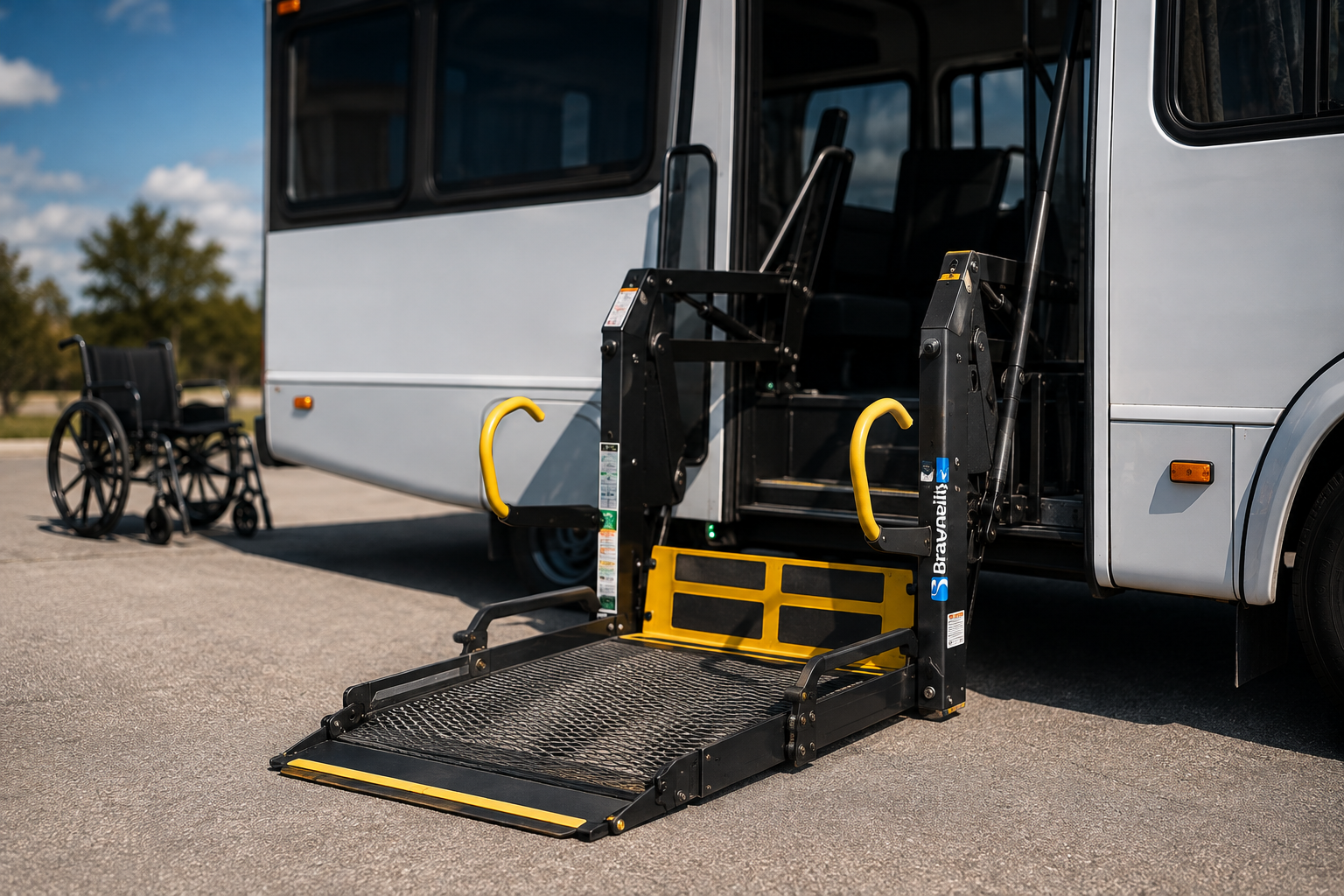 A deployed wheelchair lift extended from the side door of a white shuttle bus parked outdoors.