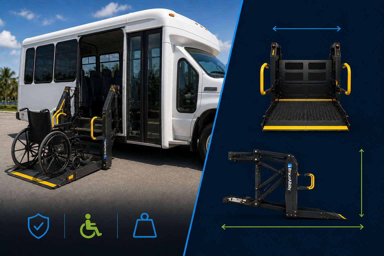 White shuttle bus with deployed BraunAbility wheelchair lift holding a wheelchair, with technical lift dimensions.