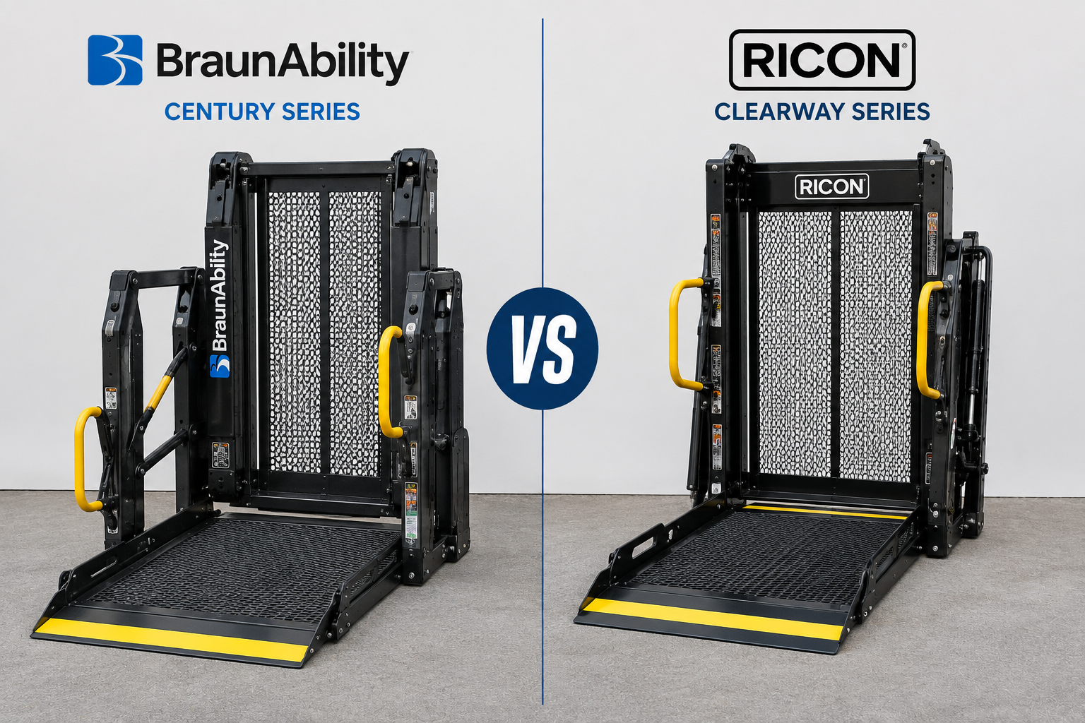 Side-by-side comparison of the BraunAbility Century Series and Ricon Clearway Series wheelchair lifts.