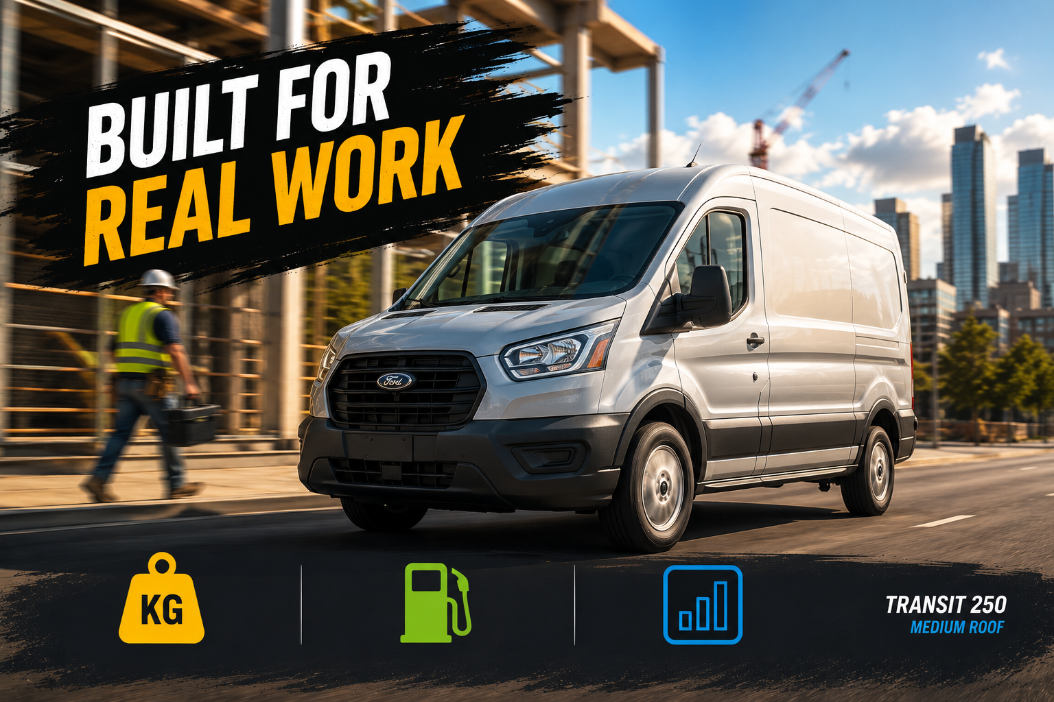 Silver Ford Transit 250 Medium Roof van driving past a construction site with 'Built for Real Work' text overlay.