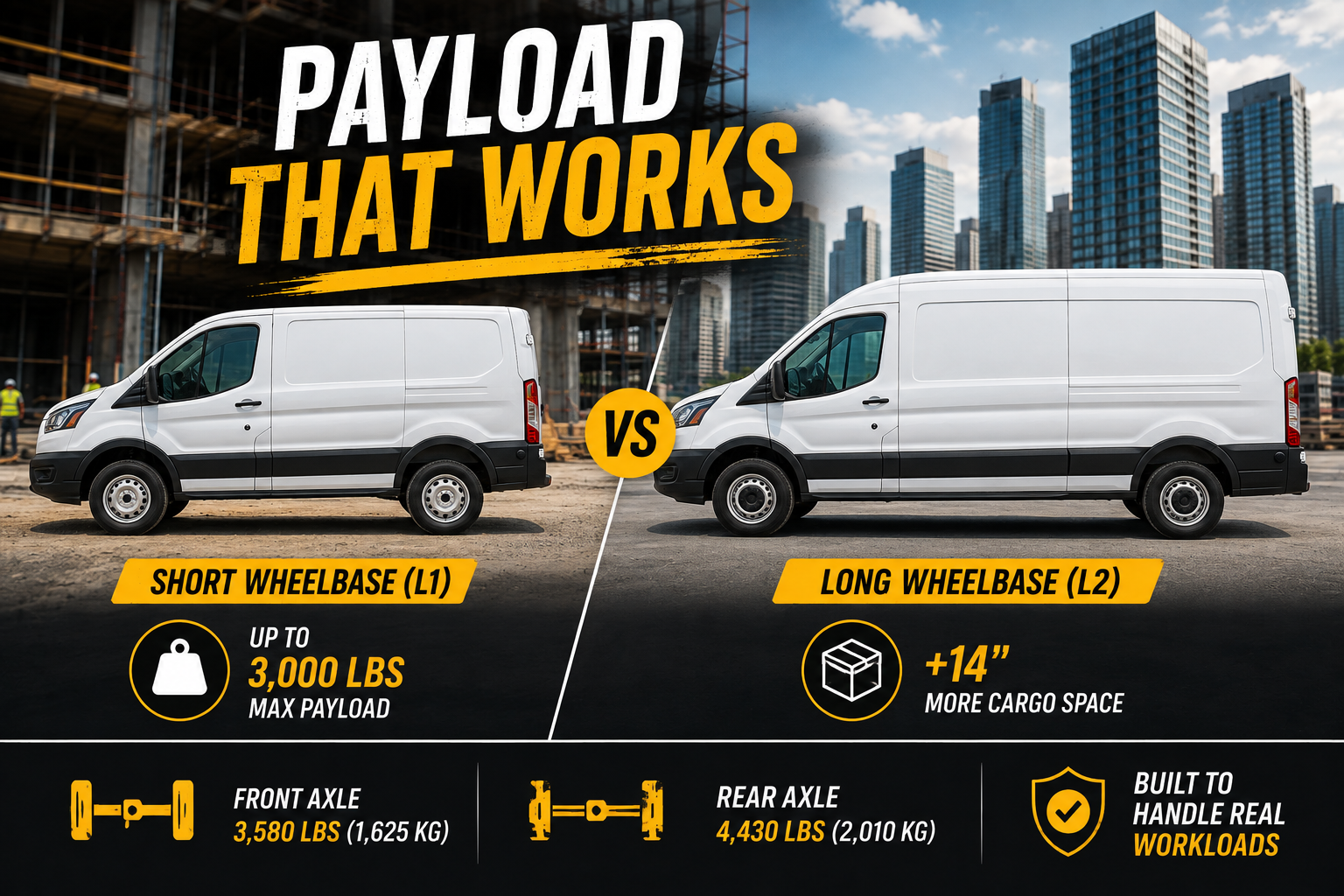 Graphic comparing short and long wheelbase commercial vans with payload specs and axle weight ratings.