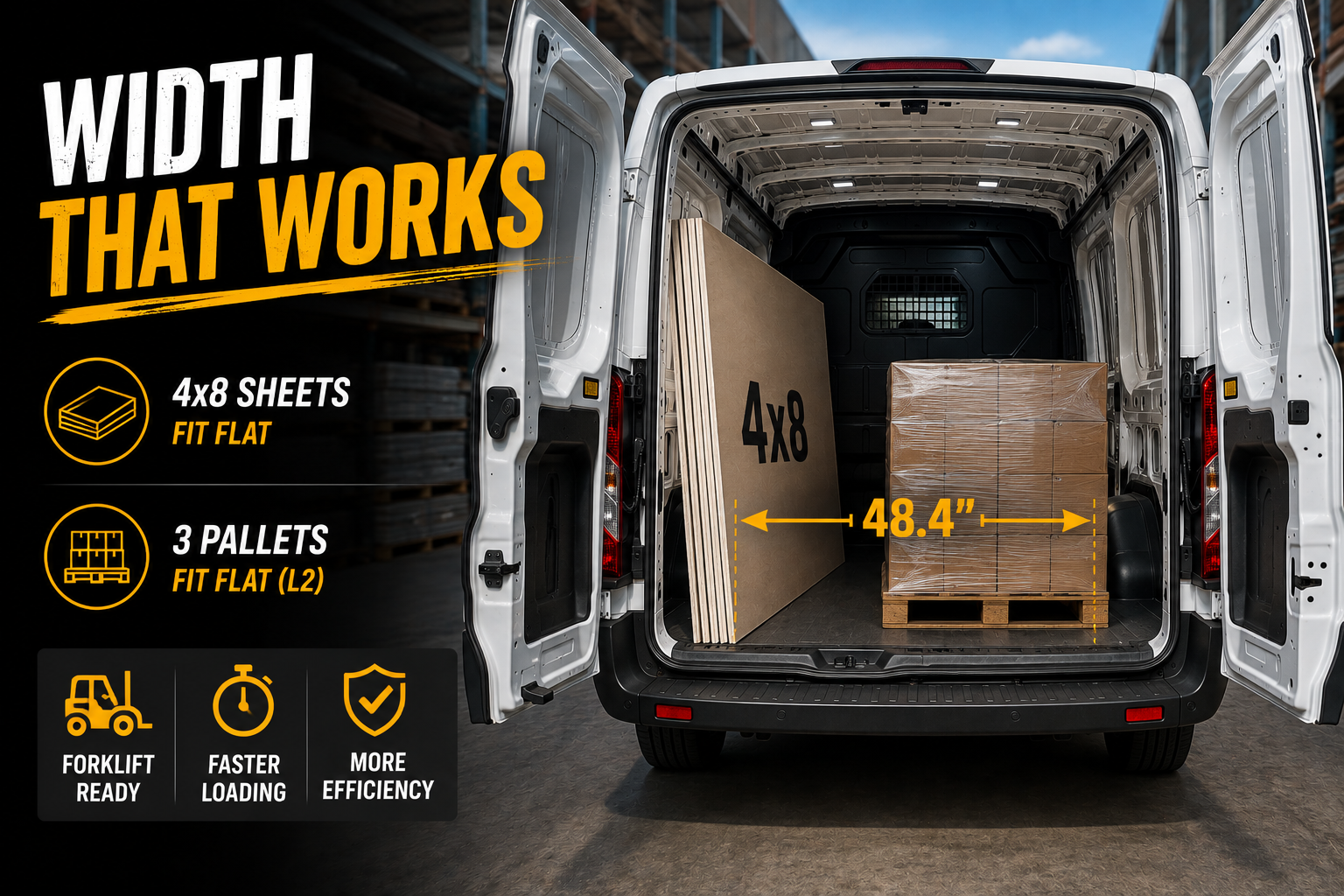 Open rear doors of a white cargo van showing internal width measurement of 48.4 inches with plywood sheets and a pallet.