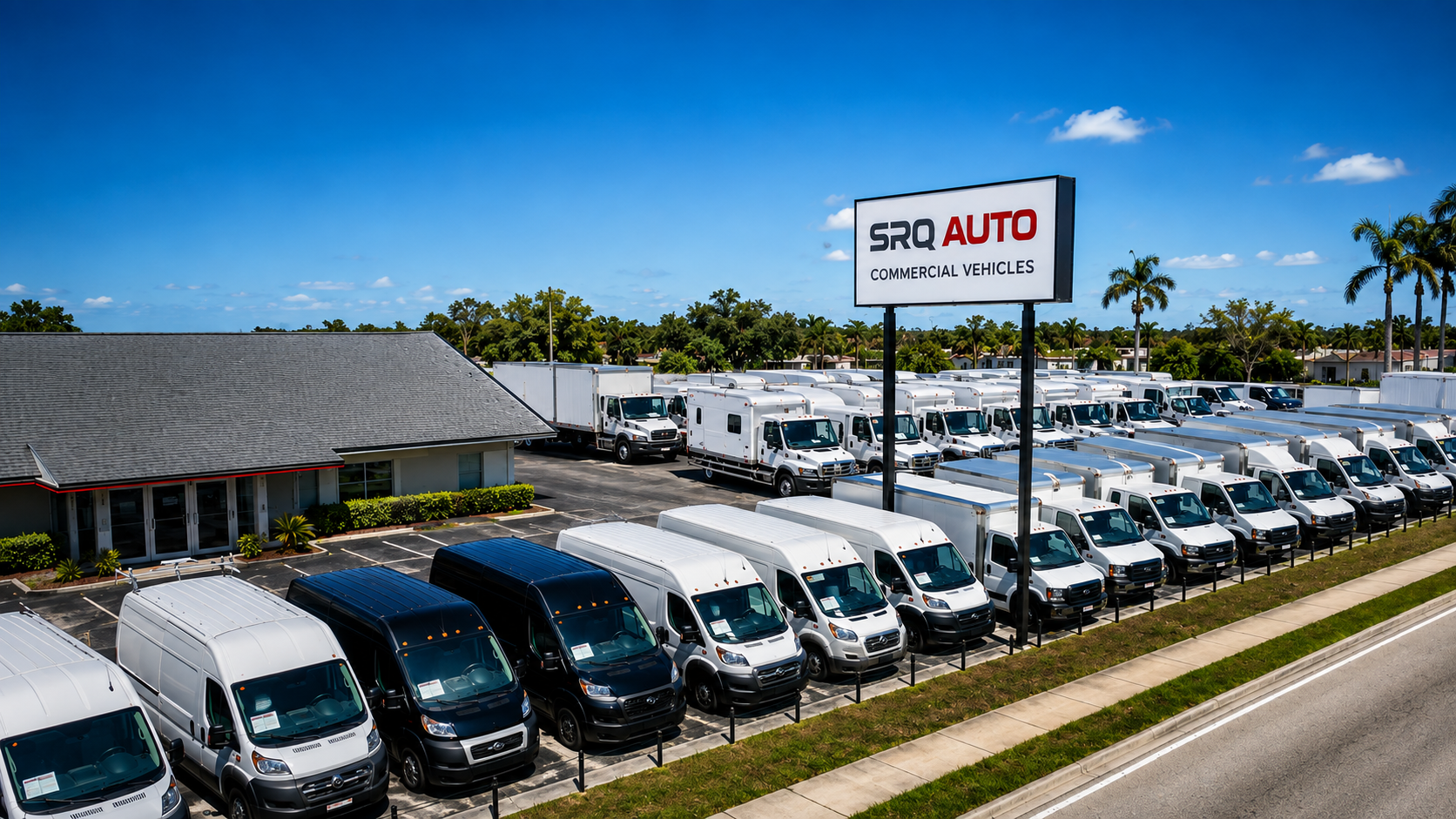 SRQ Auto Commercial Vehicles dealership lot filled with rows of white and black cargo vans and box trucks.