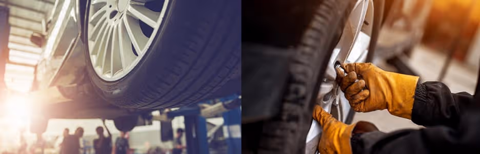Car tire being serviced by mechanic wearing gloves.