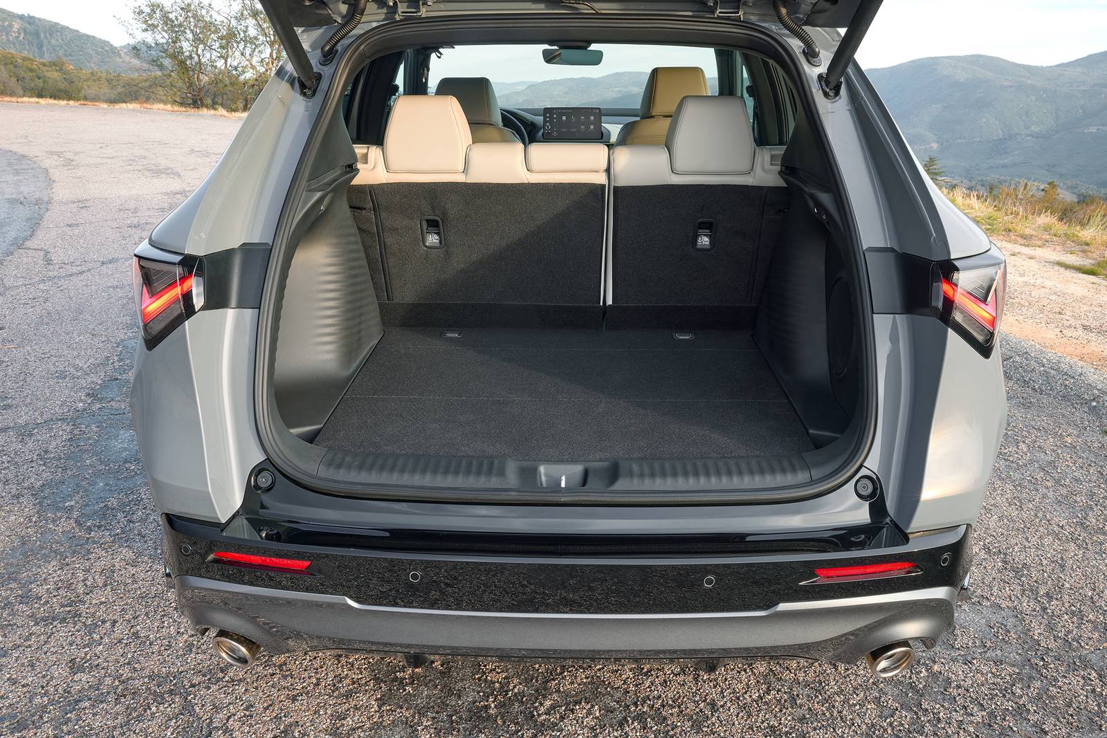 Open trunk of a grey SUV with beige interior seats and mountain view in background.